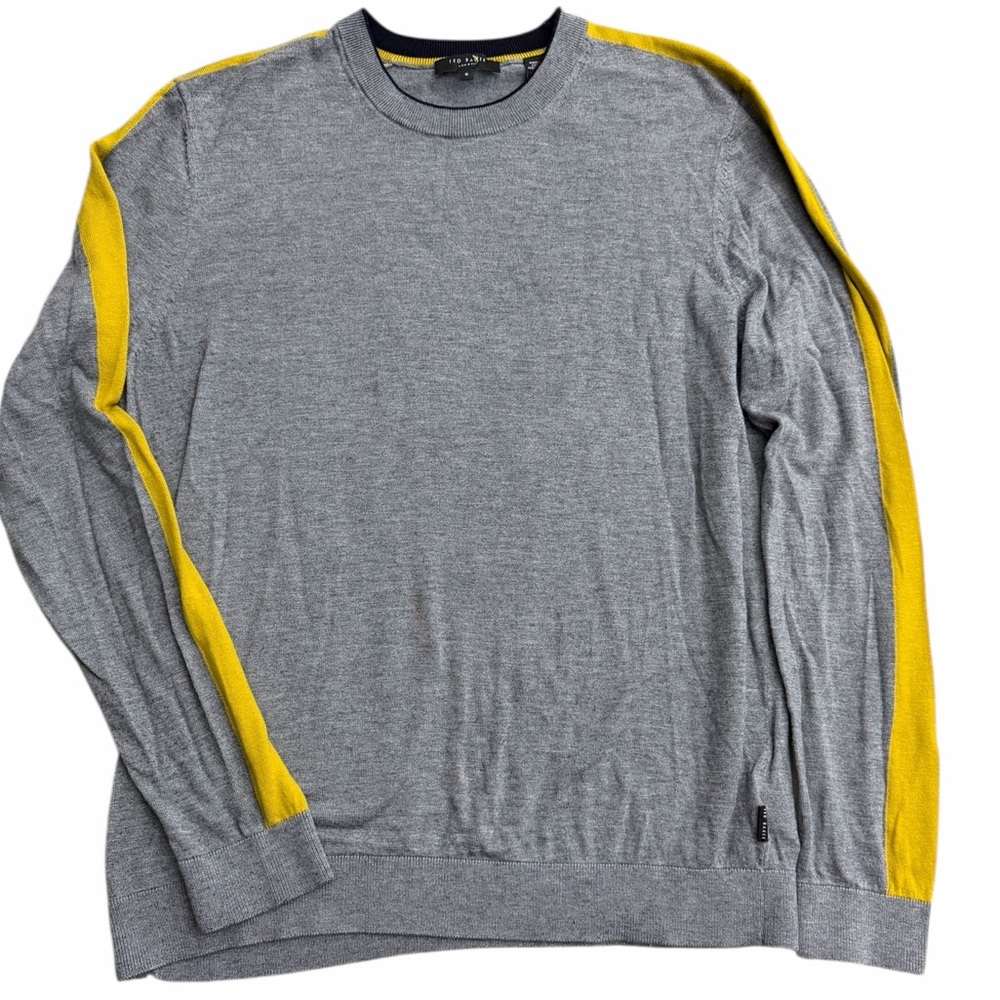 Ted Baker London Men’s Crewneck Sweater Size 5 Gray Yellow Stripe‎ Sleeve Knit